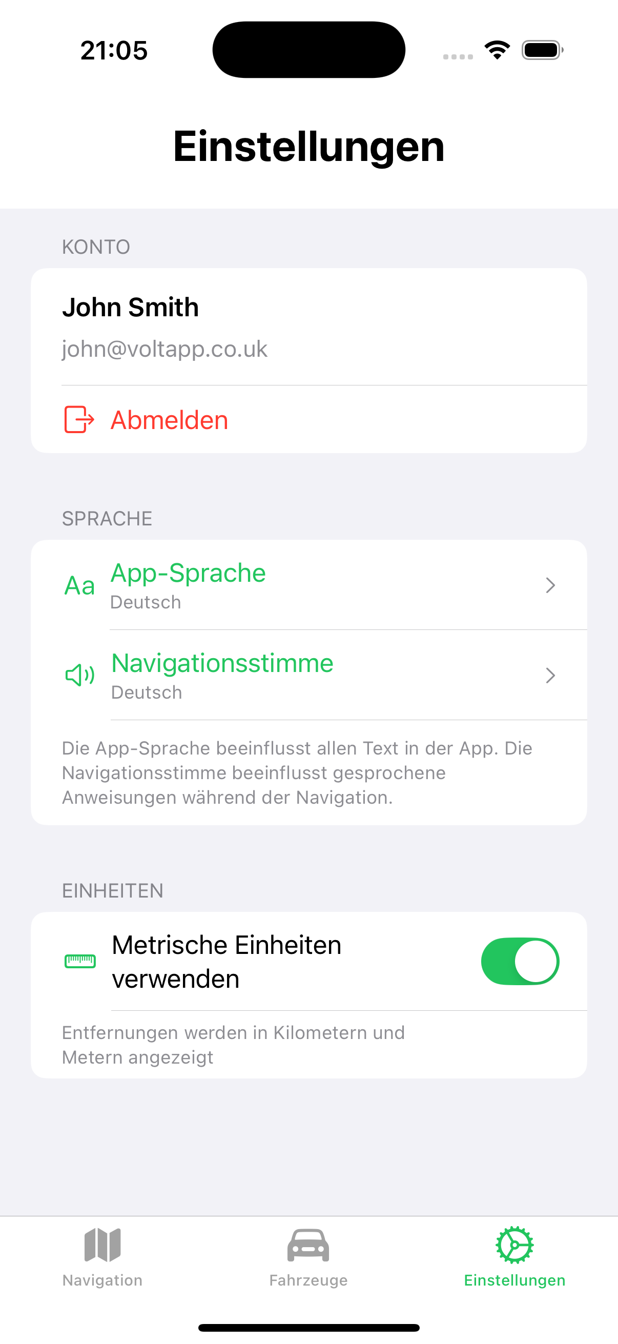 Volt app settings screen with translation options
