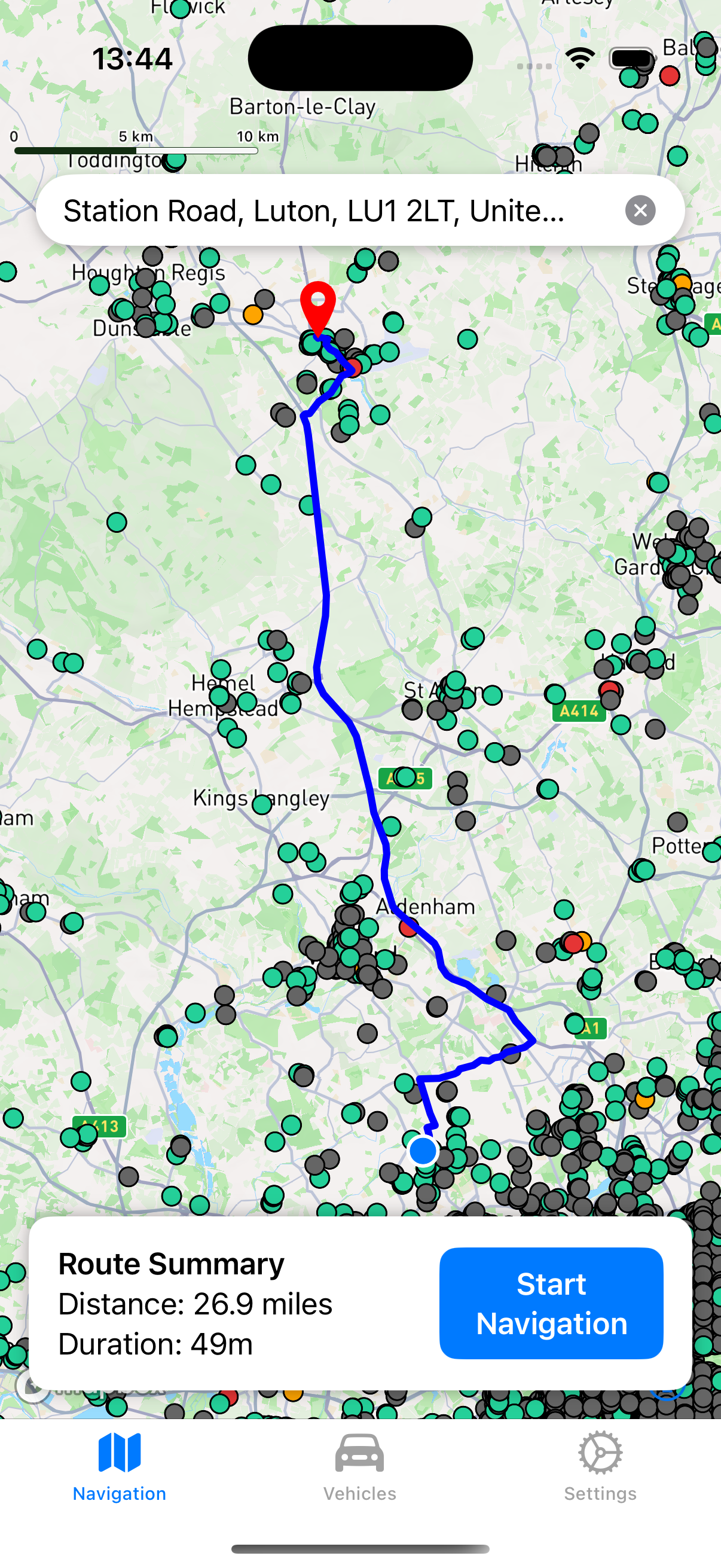 Volt app route map with charging stations