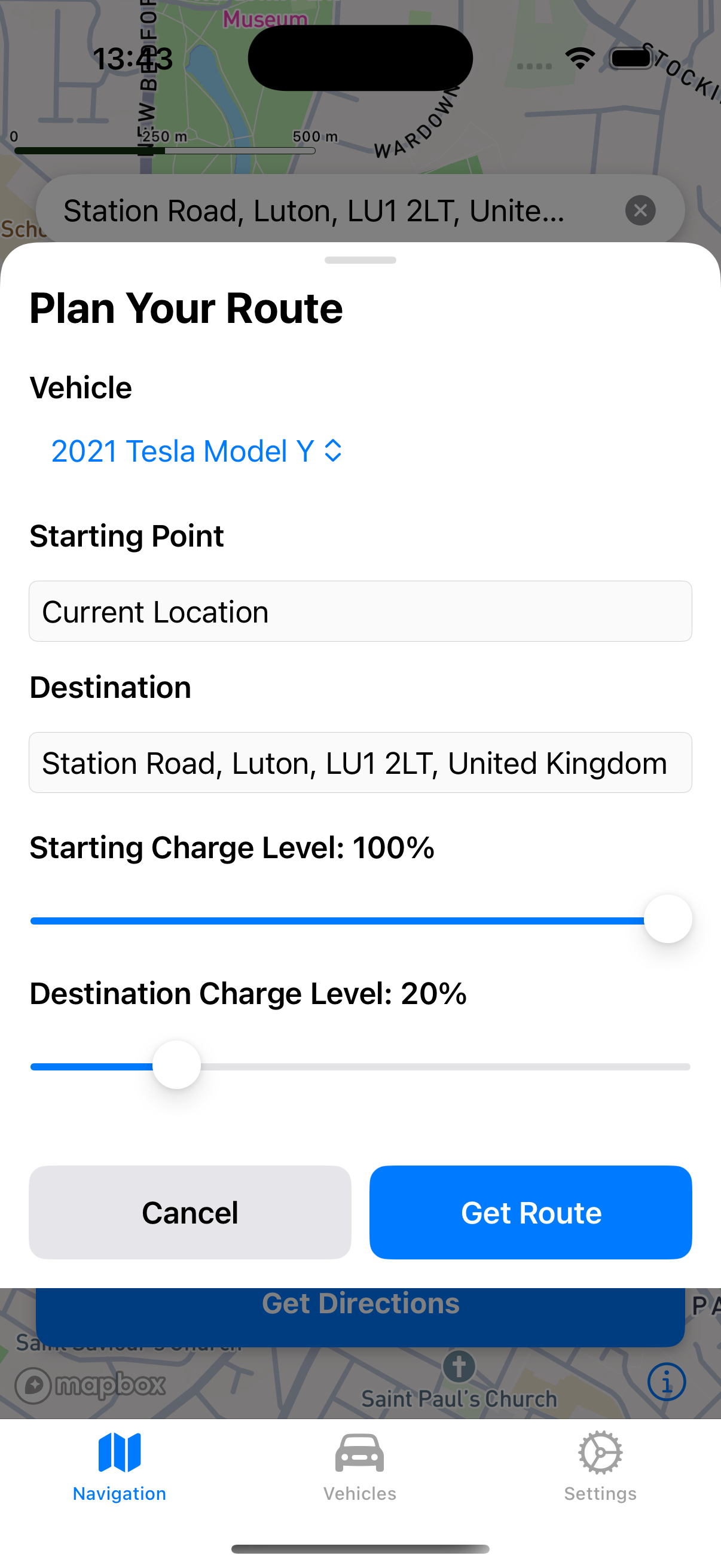 Volt app route planning interface
