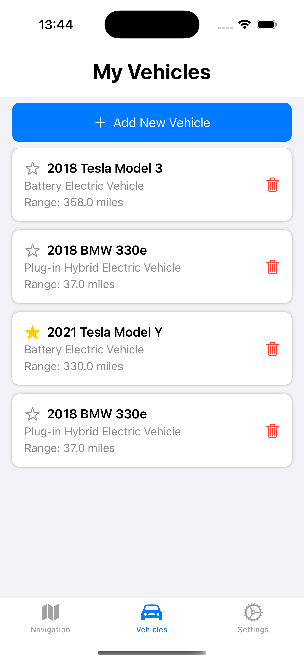 Volt app vehicle management screen